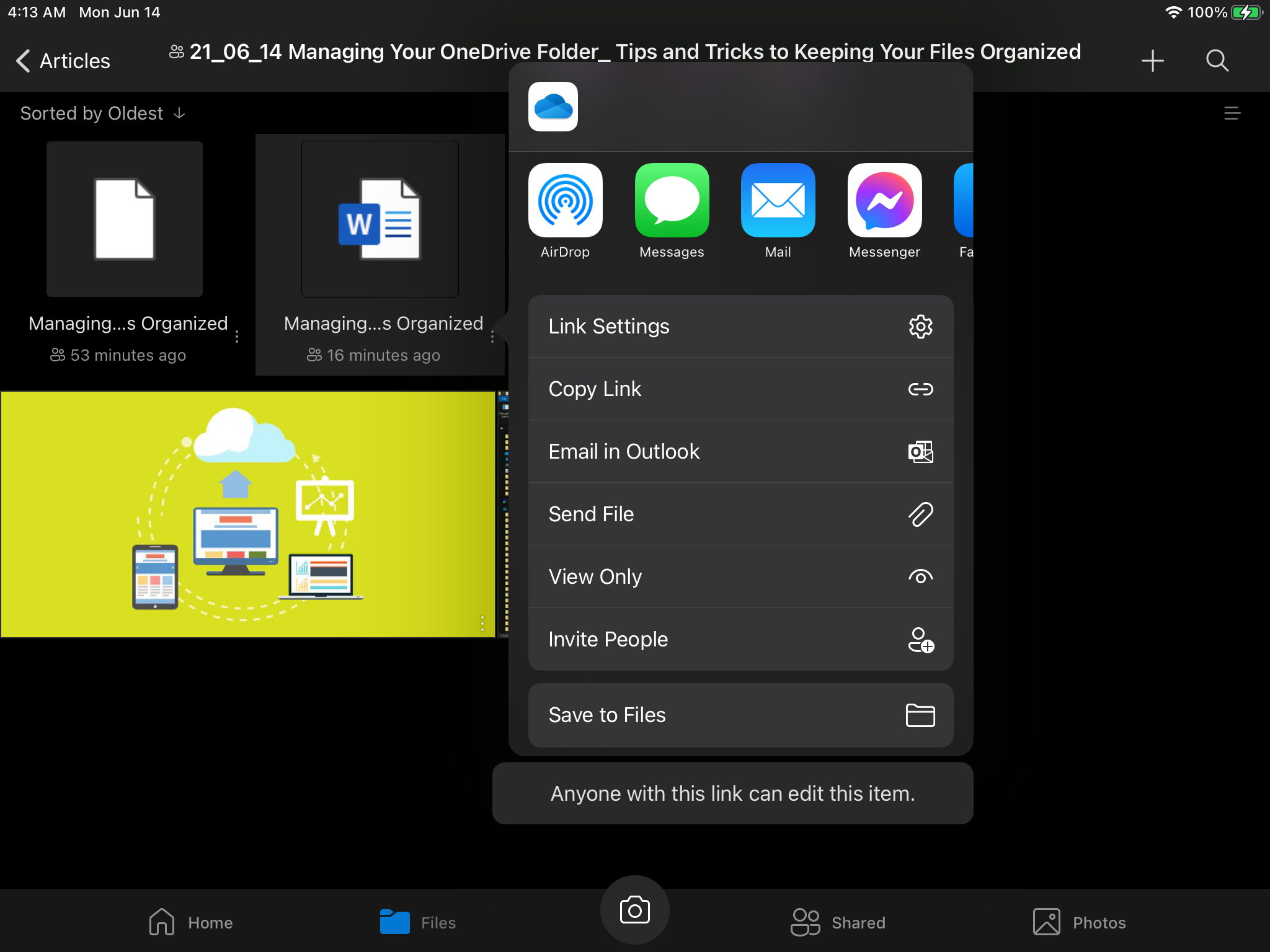 File sharing options on OneDrive in the Apple iPad