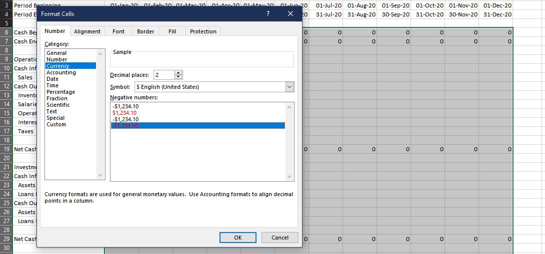 Format cells window for Cash Flow Statements on Excel