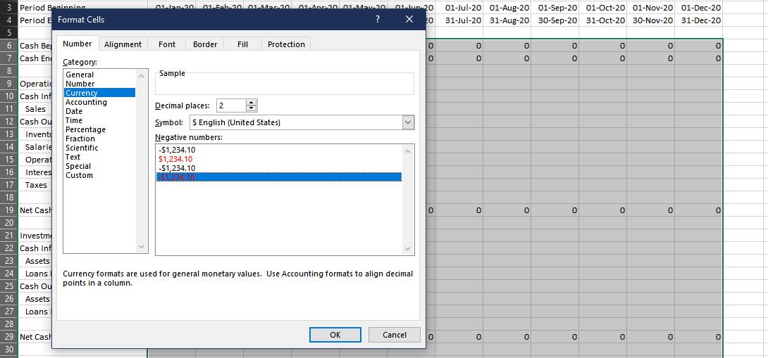 janela Formatar células para demonstrações de fluxo de Caixa no Excel
