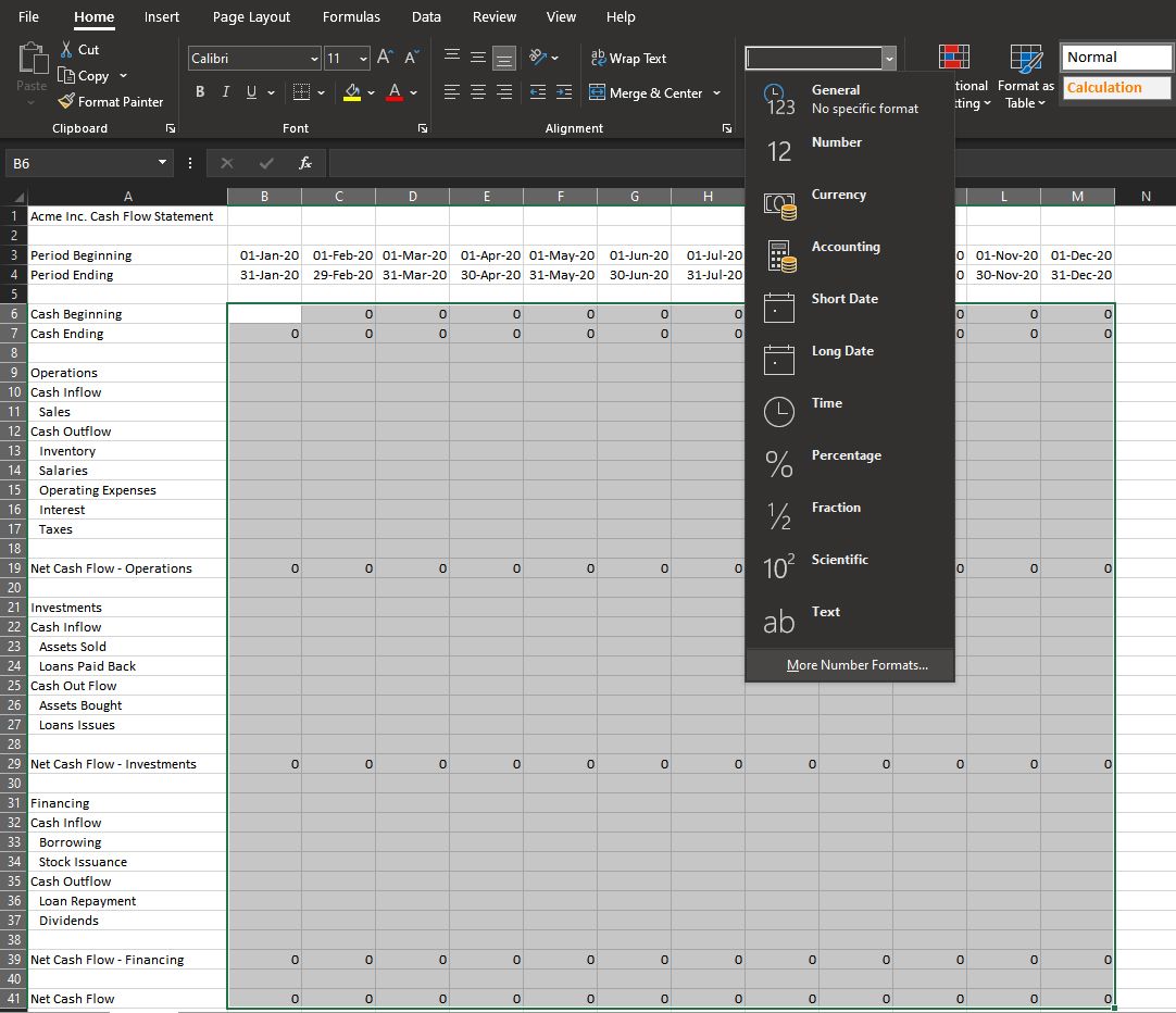 Formatting cells for cash flow statements