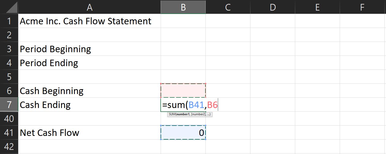 Formula to get the cash ending value for cash flow statements