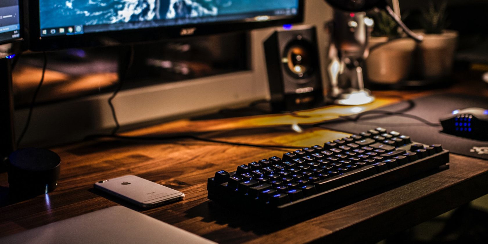 Gaming Desk Setup with Blue MMO Mouse
