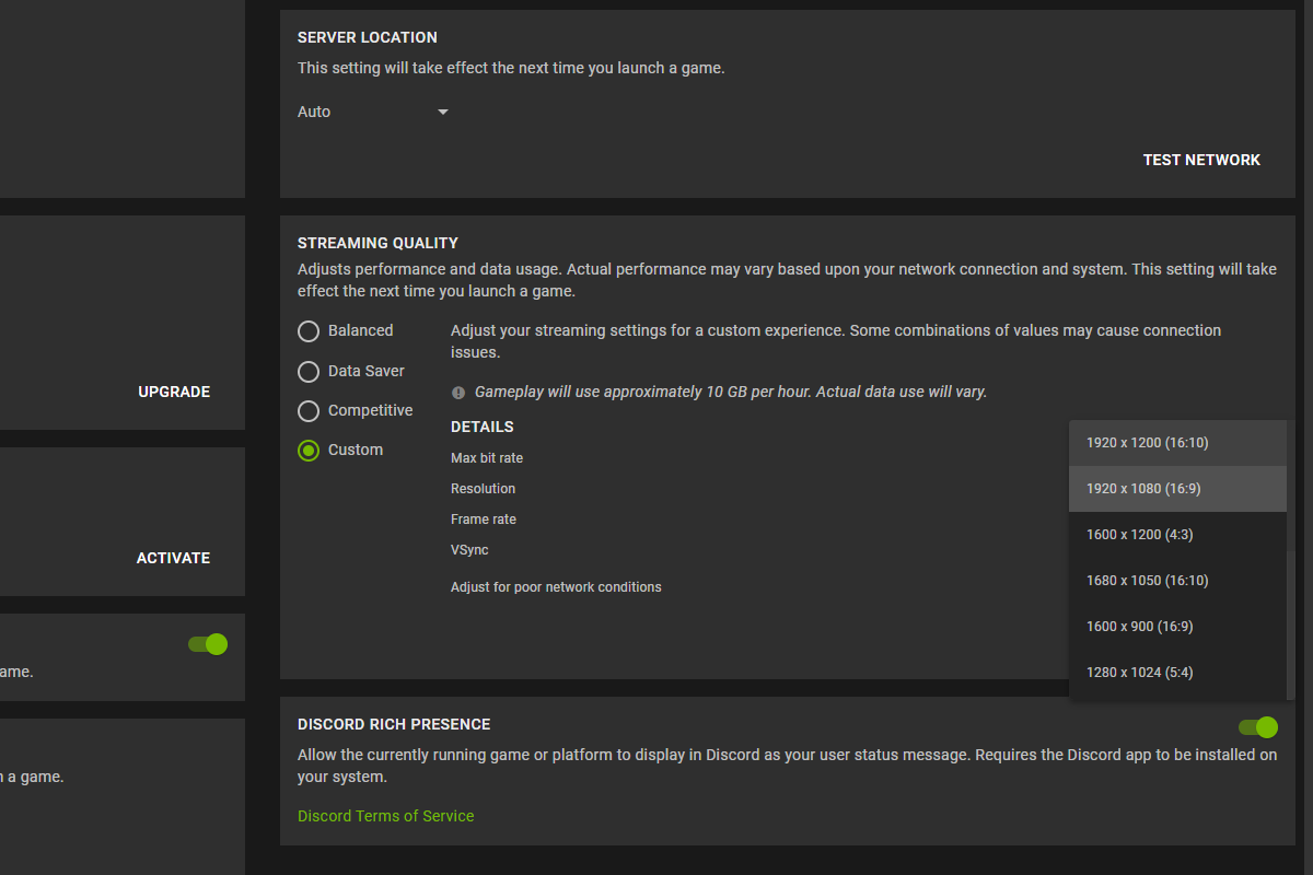 GeForce Now Stream Quality Settings