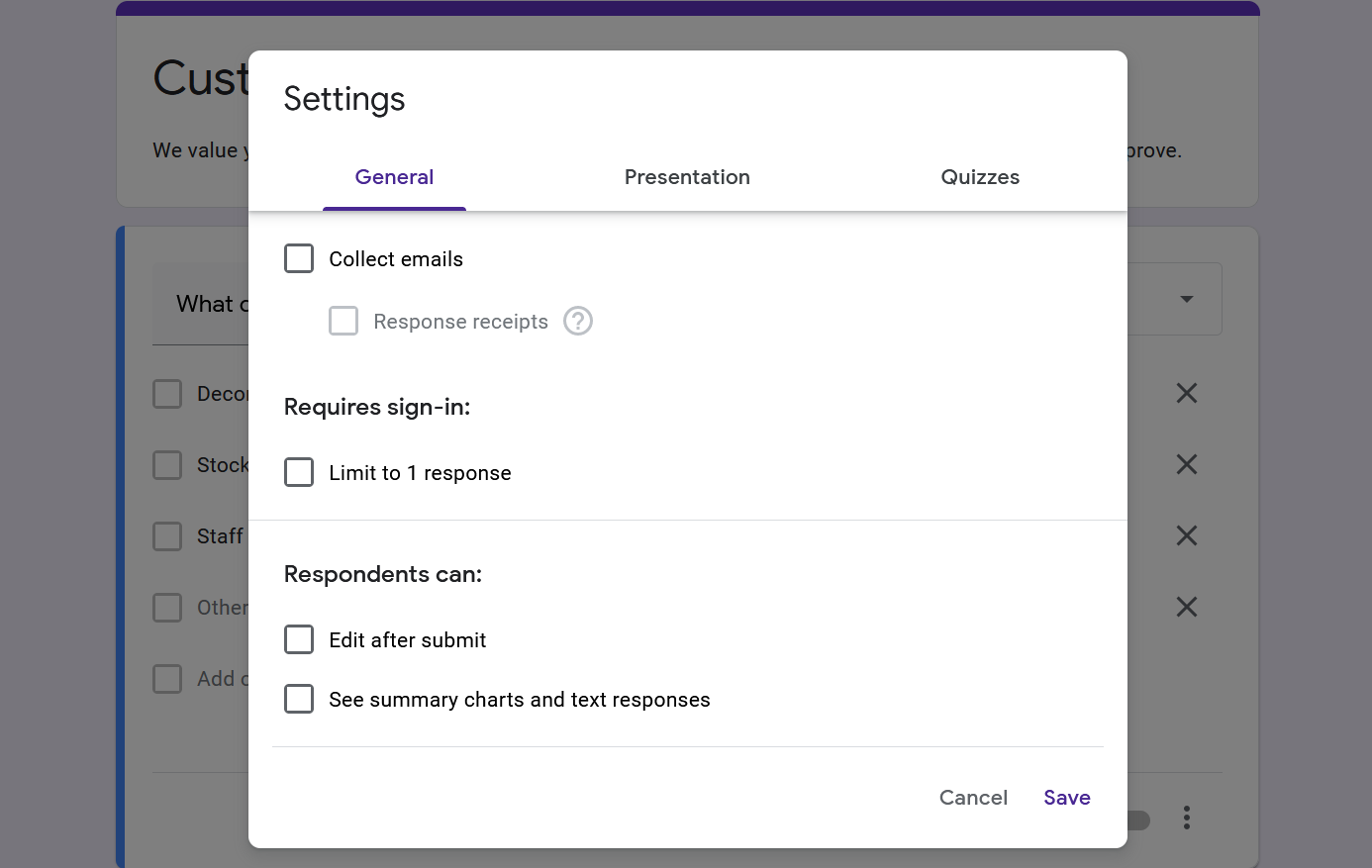 Google Forms Settings