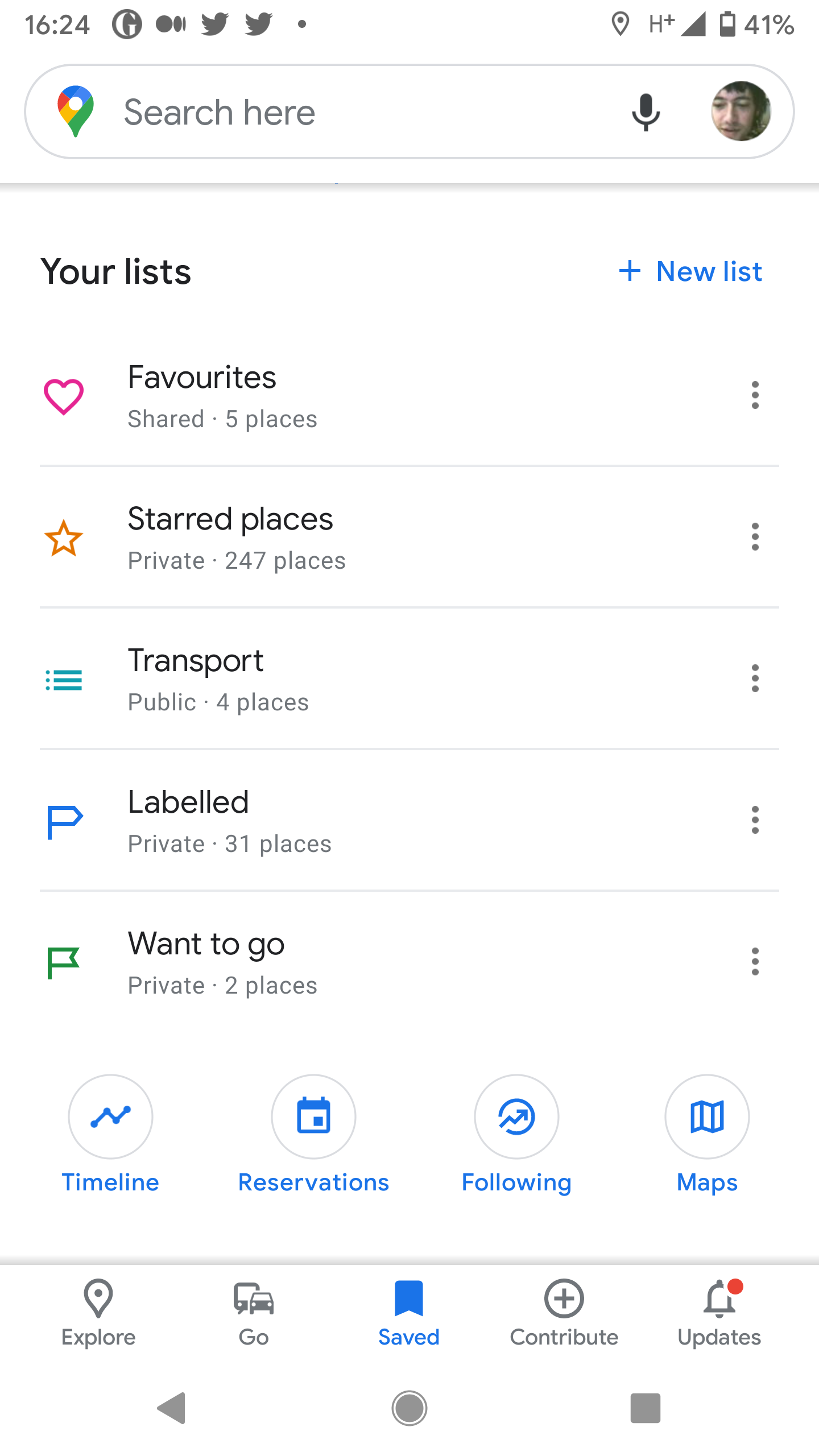 A screenshot of Google Maps on mobile, showing "your lists"
