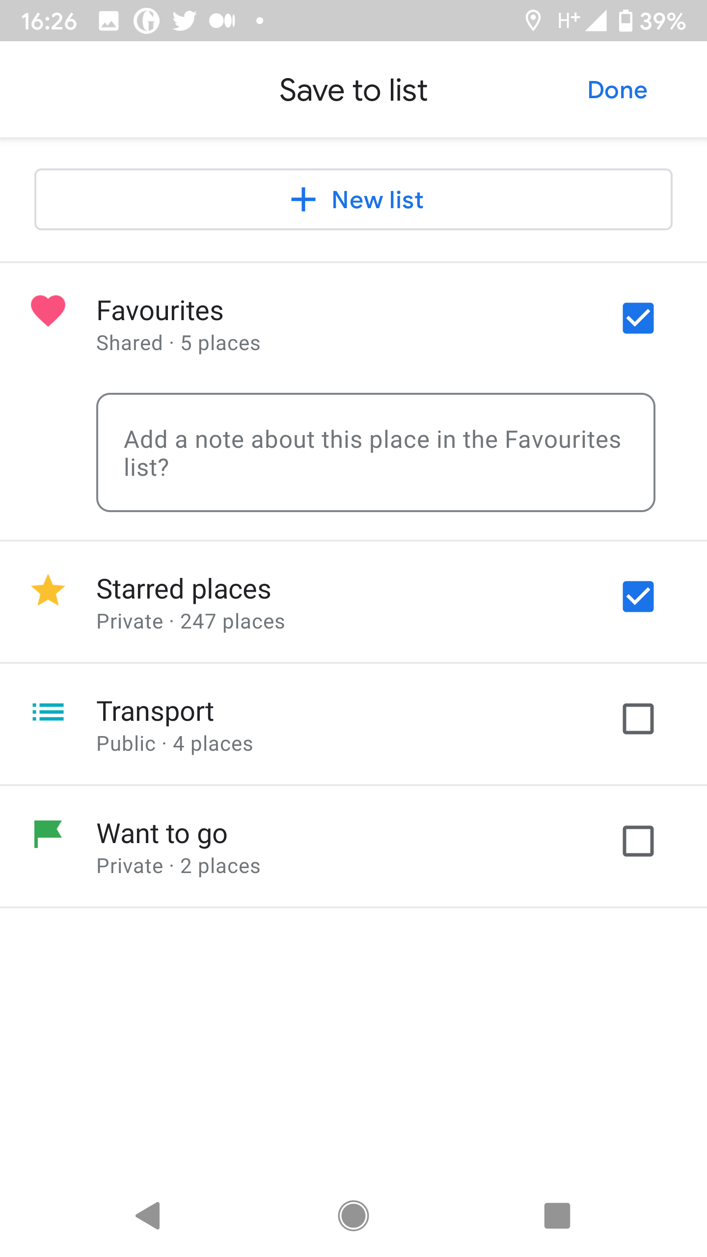 A screenshot of Google Maps on mobile, saving a place to a list