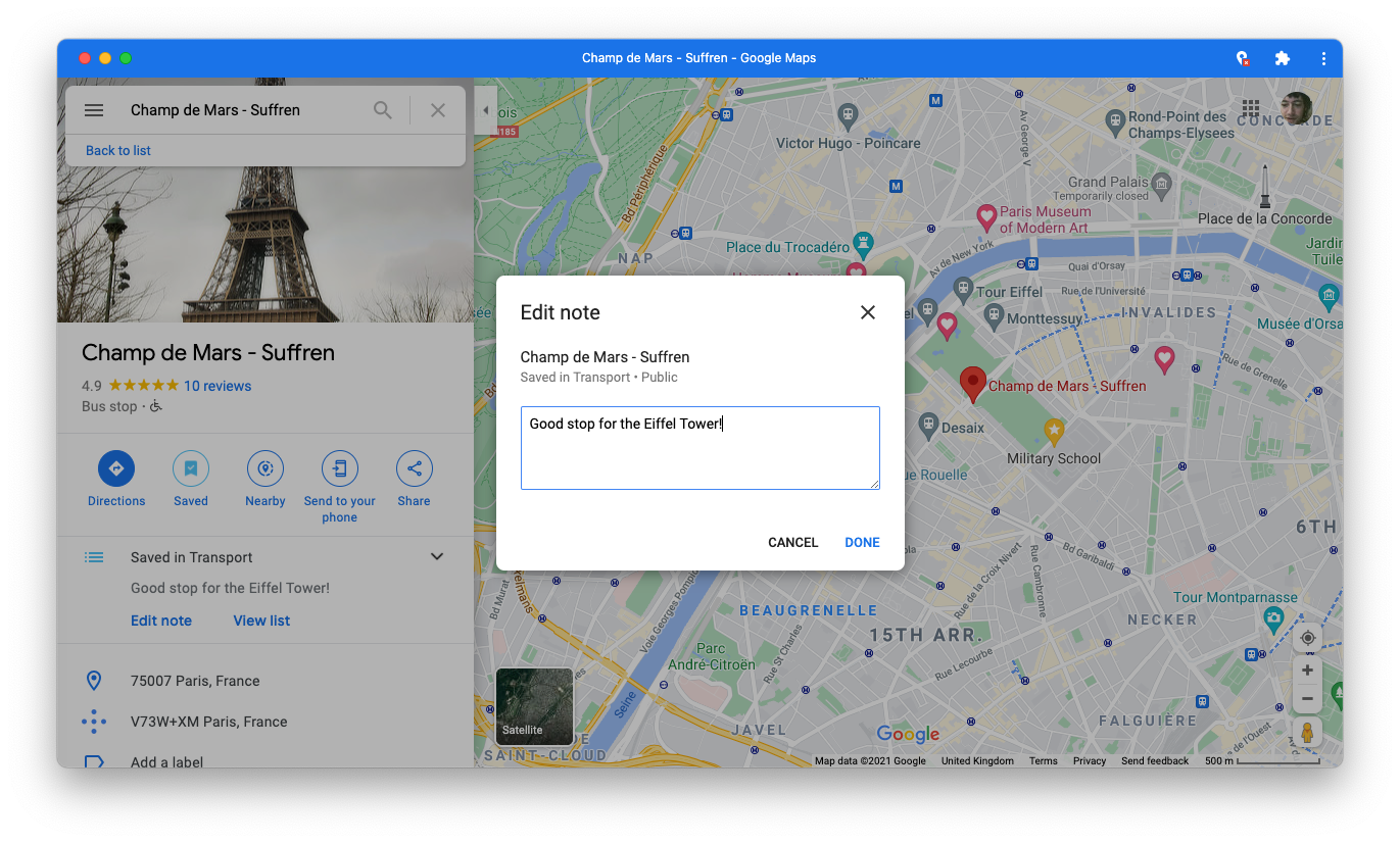 A screenshot of Google Maps showing a note for a saved place