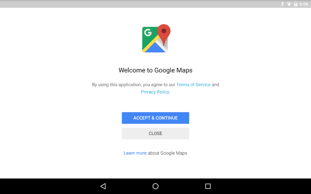 Google Maps terms and conditions acceptance screen