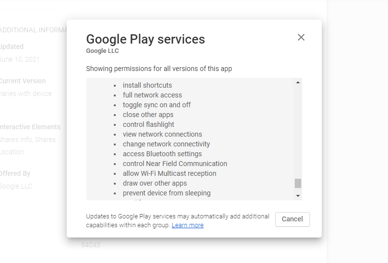Permissions asked by Google Play Services