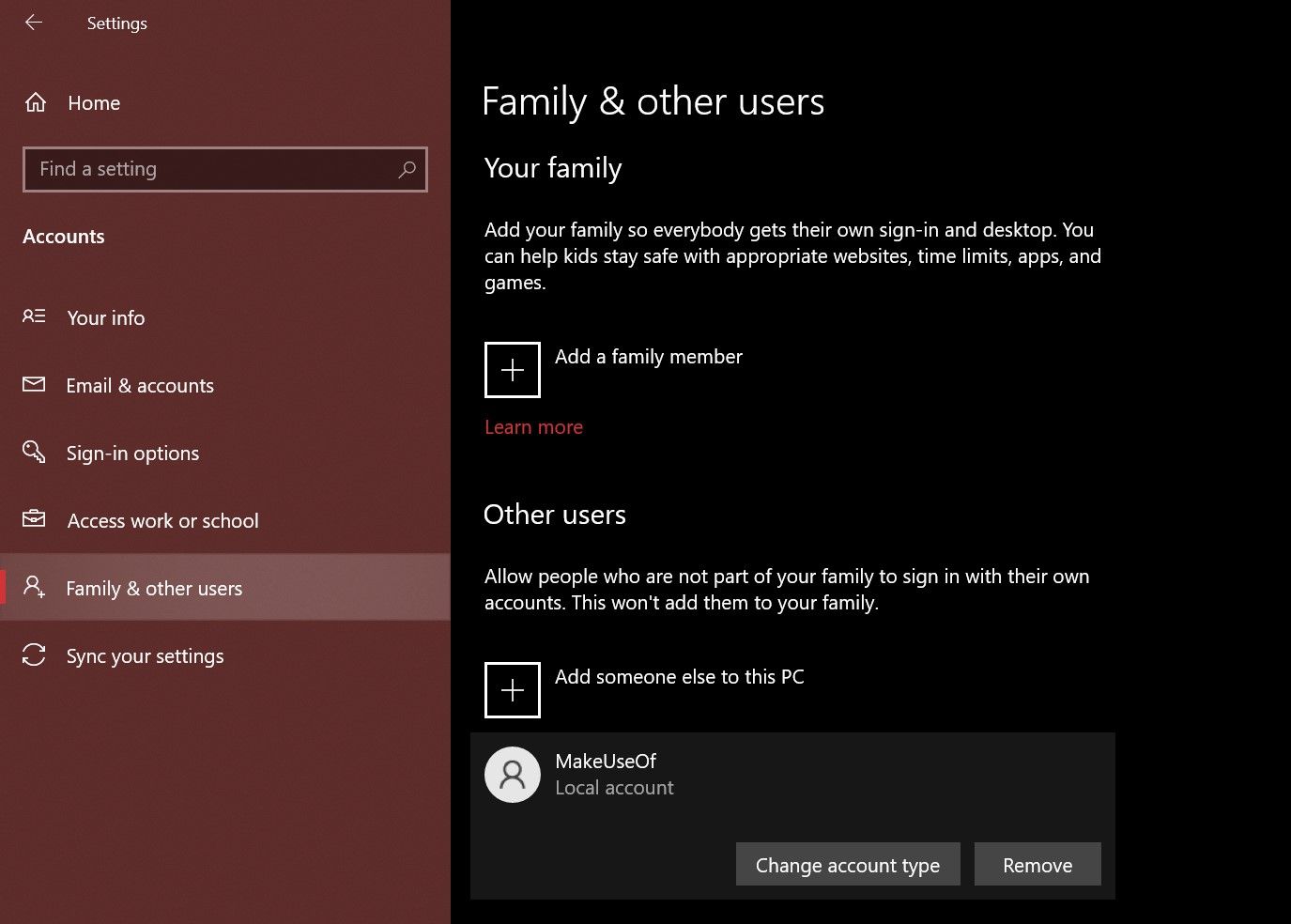 Account settings in Windows 10