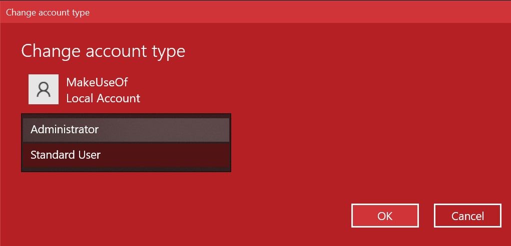 Changing account type in Windows 10