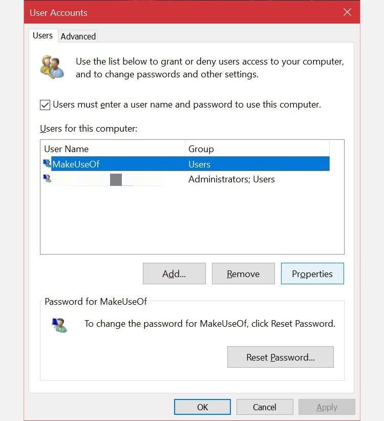 Netplwiz User Accounts panel