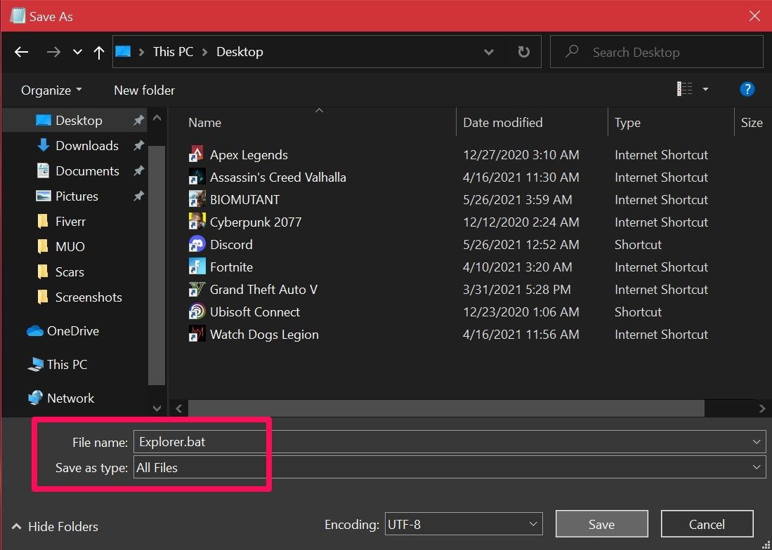 Saving code to restart explorer as a batch file