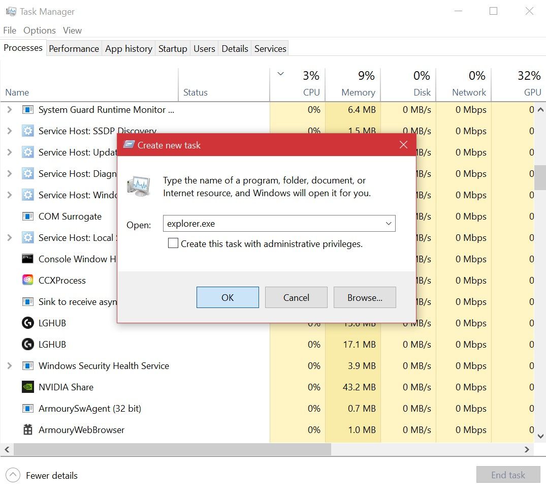 Starting a new explorer process in Task Manager