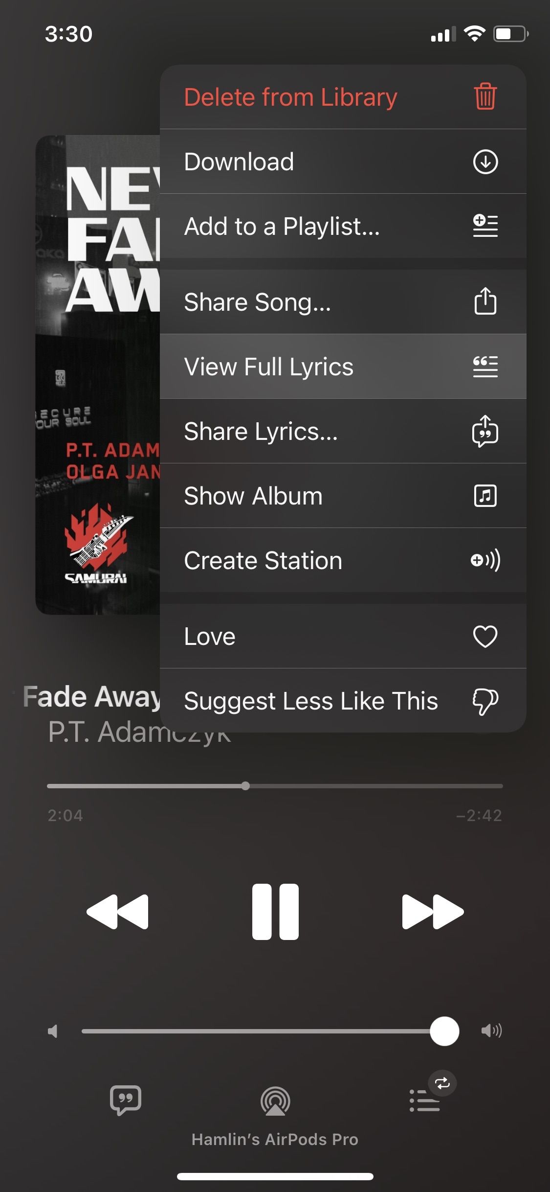 Apple Music context menu in iOS