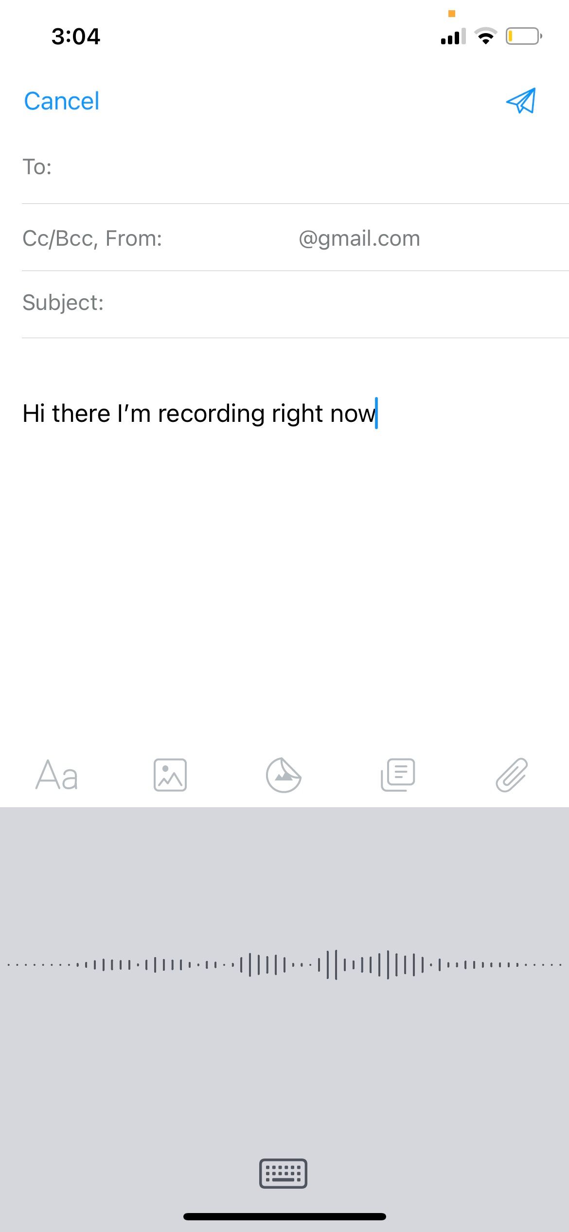 iPhone Dictation on Email with dictated text