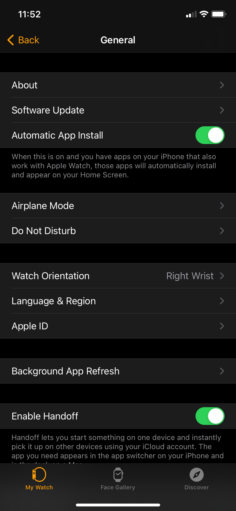 The General page in the Watch app on an iPhone