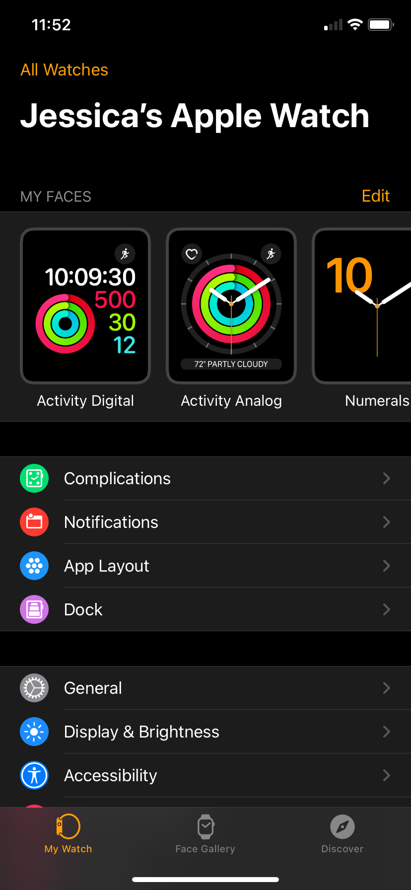 The My Watch tab in the Watch app on an iPhone