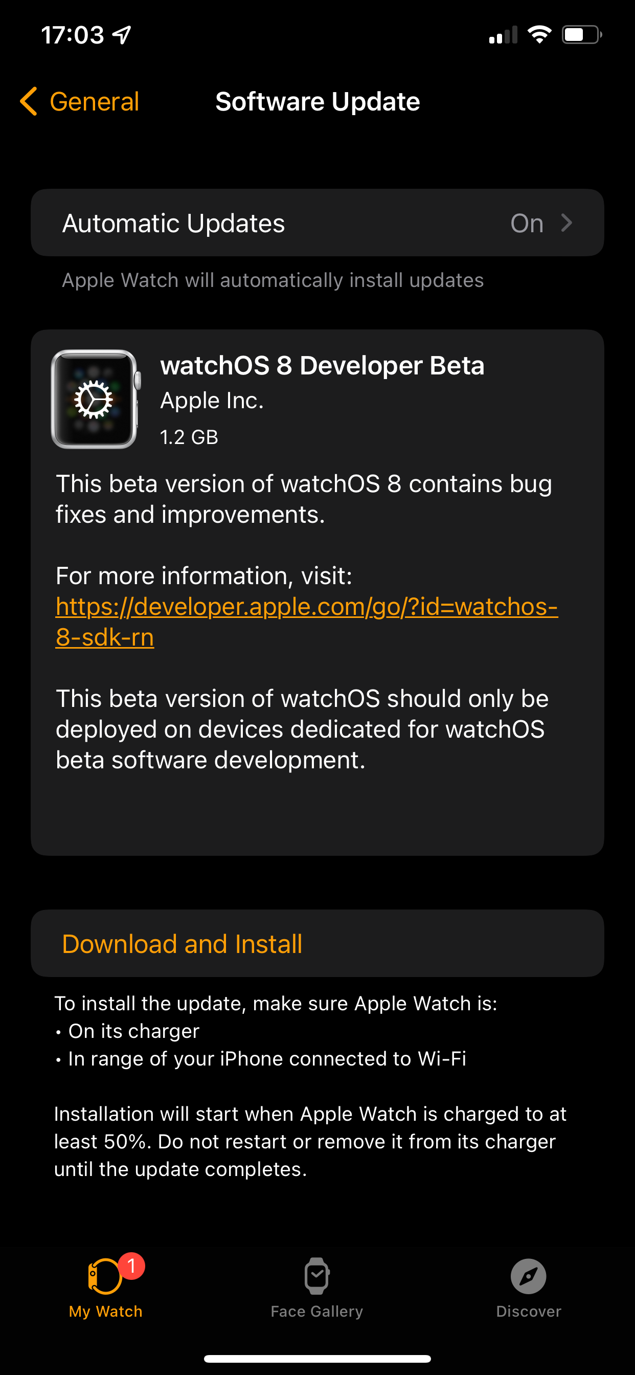 The Software Update page in the Watch app on iPhone