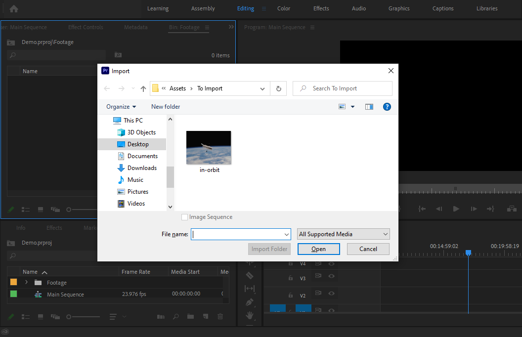 The Import menu in Premiere Pro