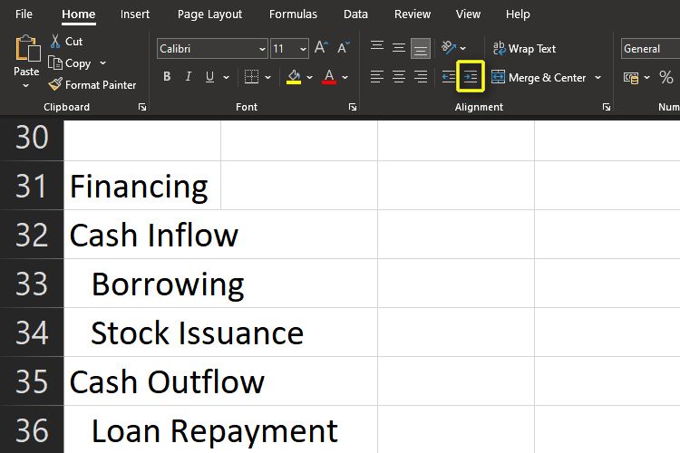 Indent and spacing for categories and subcategories in a cash flow statement