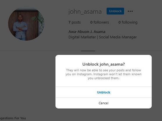 Message on Instagram prompting user to ask if they want to unblock