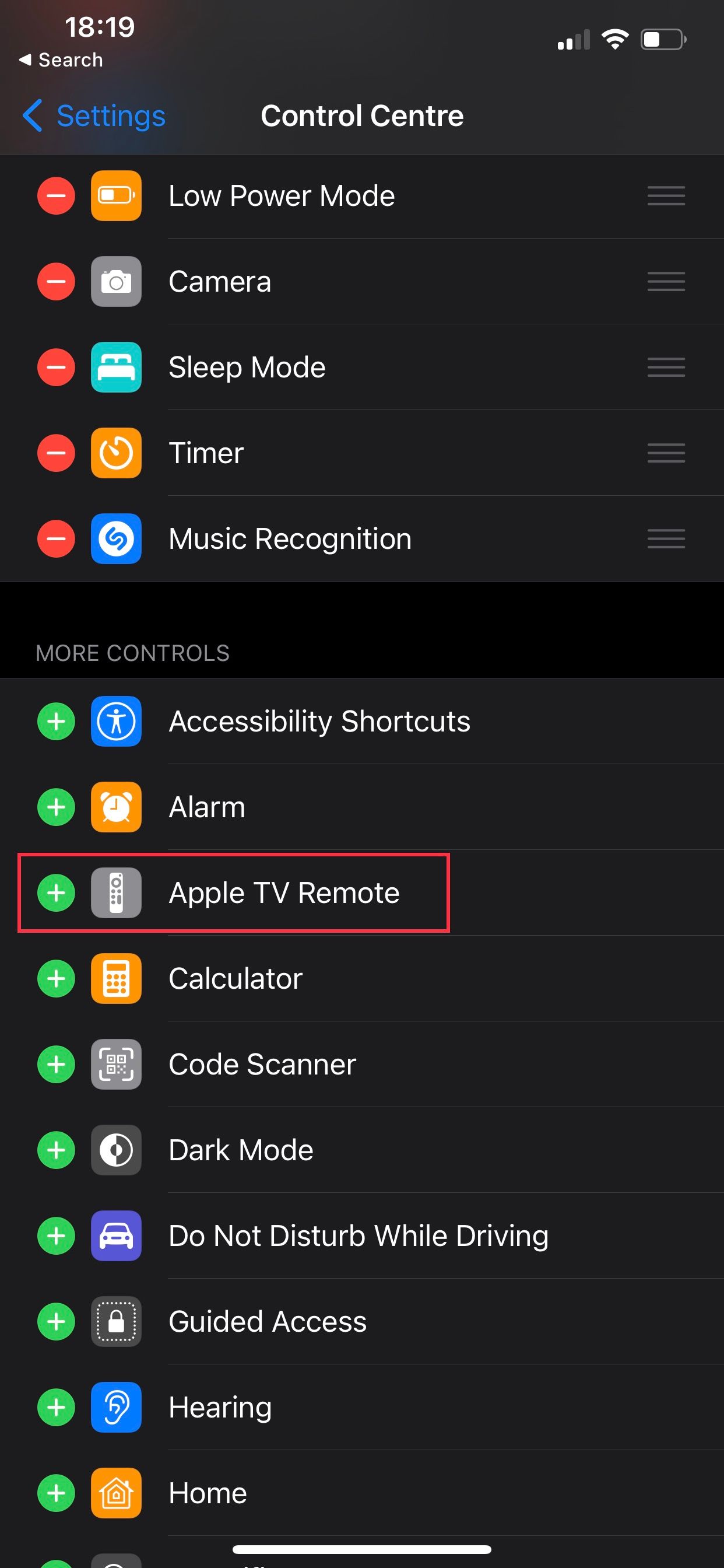 Adding the Apple TV remote app to the Control Center on iPhone.