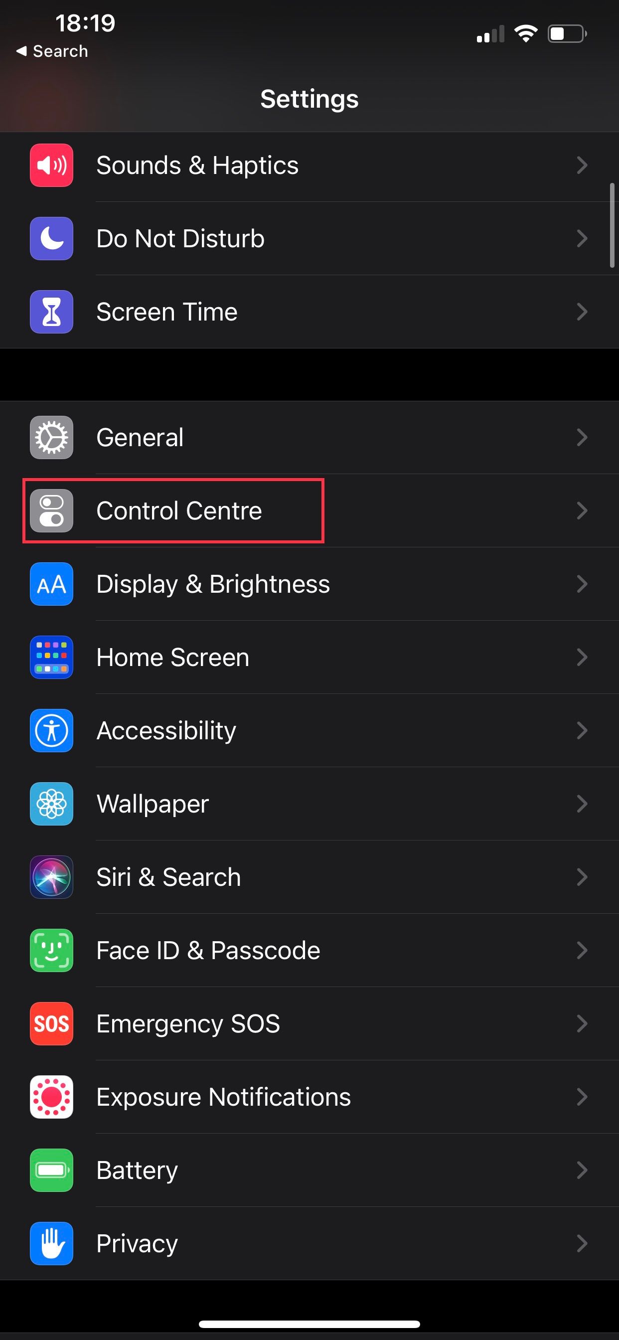Control Center settings on iPhone.