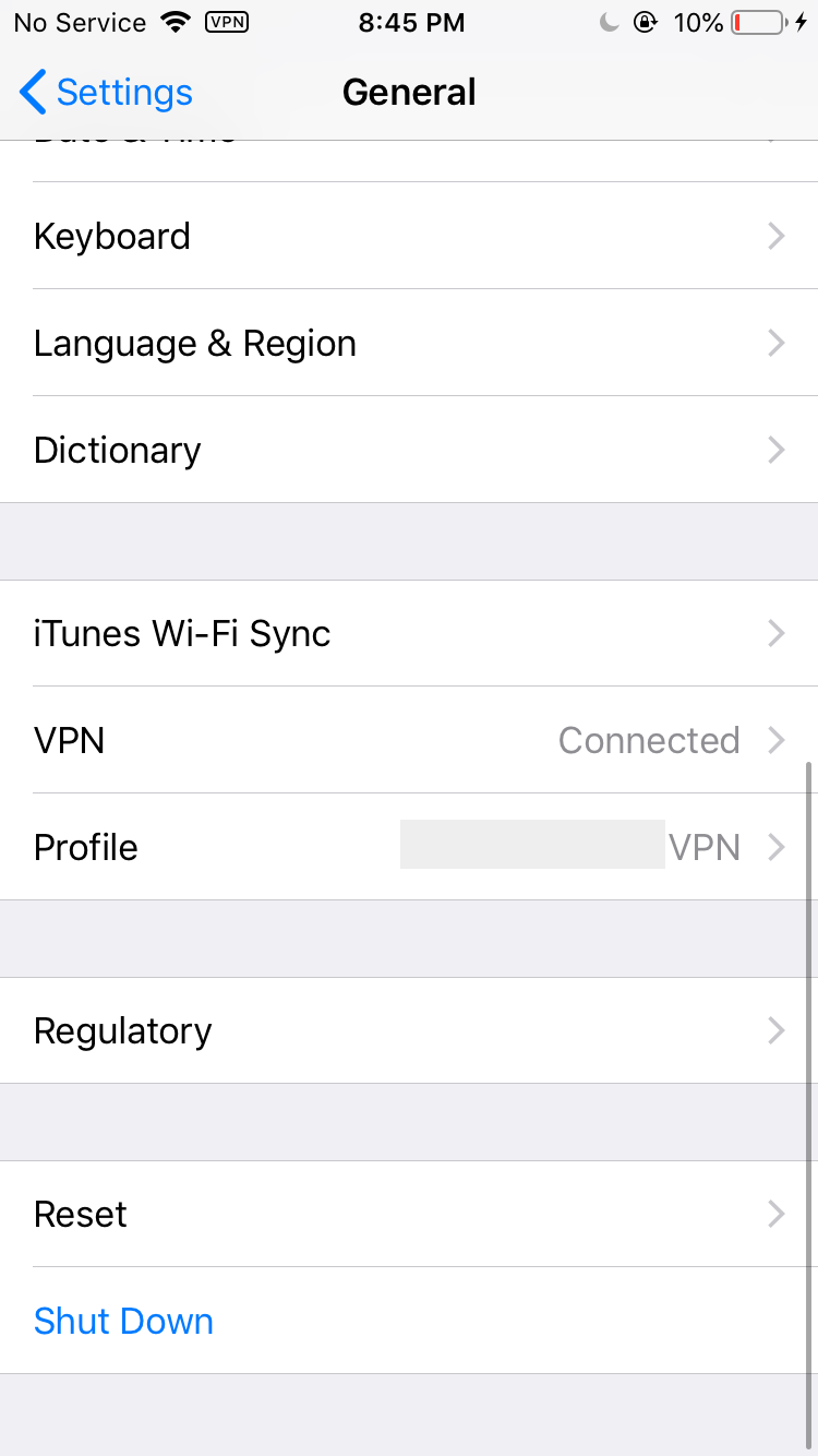 VPN settings on an iPhone