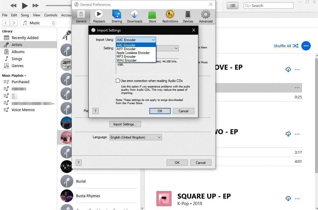 iTunes Preferences import Settings