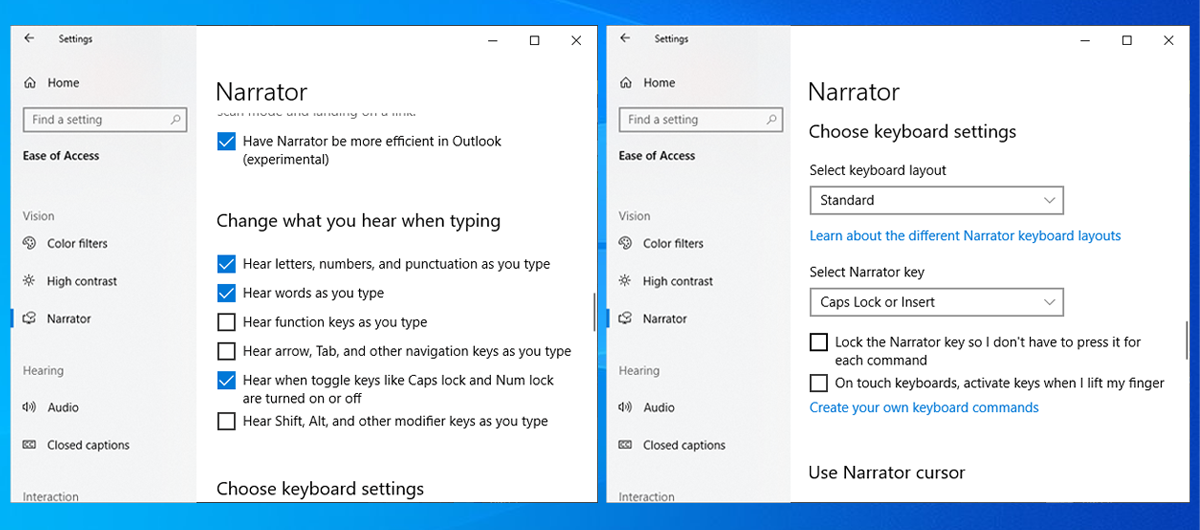 Narrator's keyboard settings in Windows 10