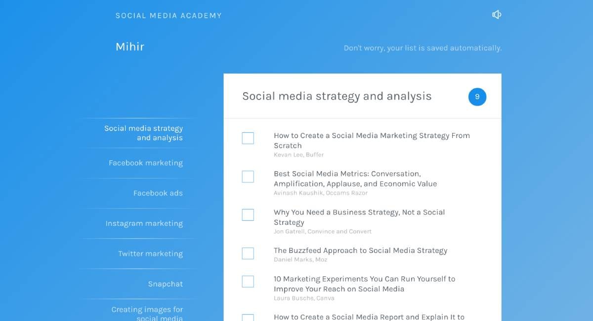 Buffer Academy is a hand-picked selection of great articles on social media marketing, presented like a coursework of reading