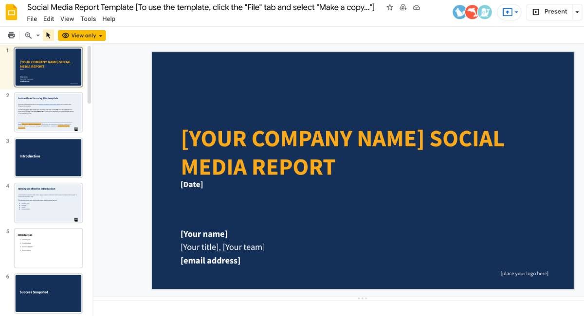 HootSuite's free weekly social media report template is a simple PowerPoint slideshow that anyone can update