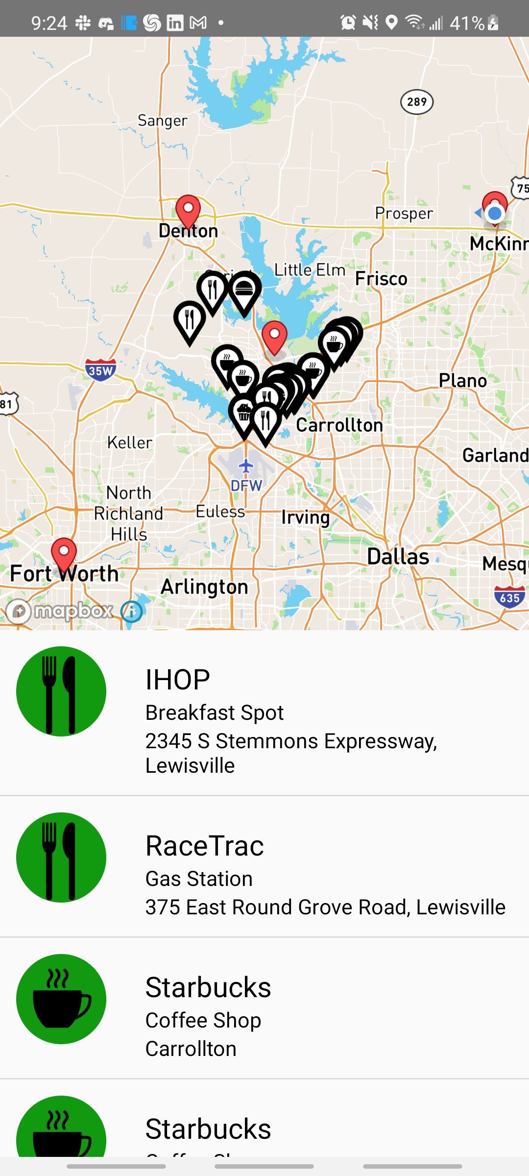 linkme app showing spots in the middle of your selected locations
