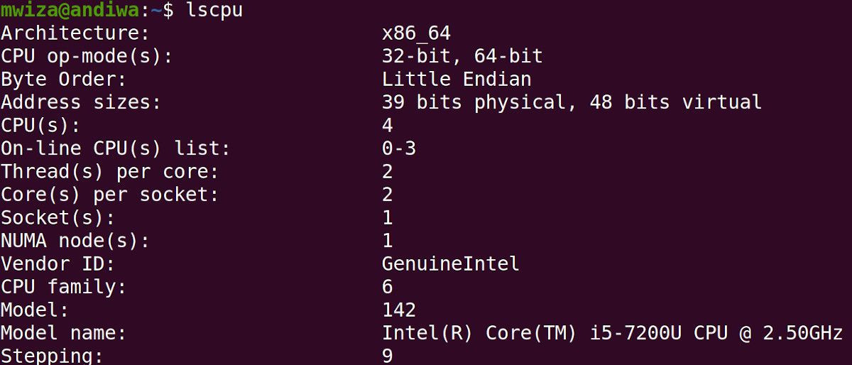 output of lscpu command on linux