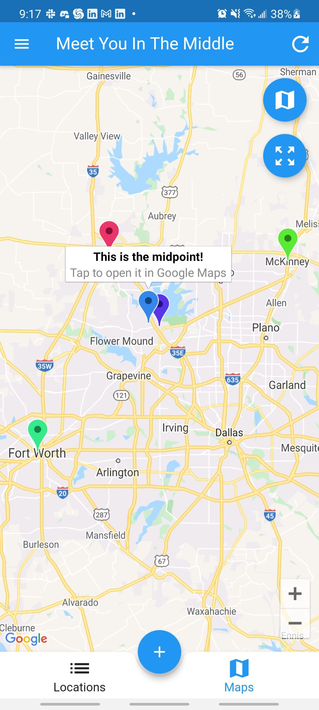 meet you in the middle app showing the midpoint between all cities
