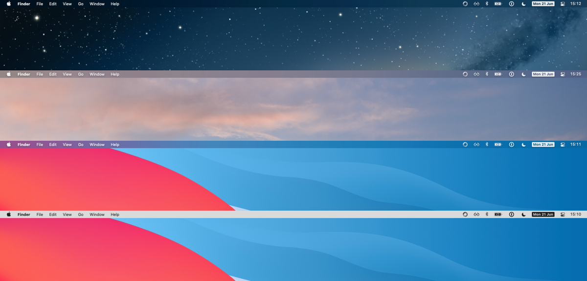 A composition of four screenshots showing different macOS Menu Bar coloring