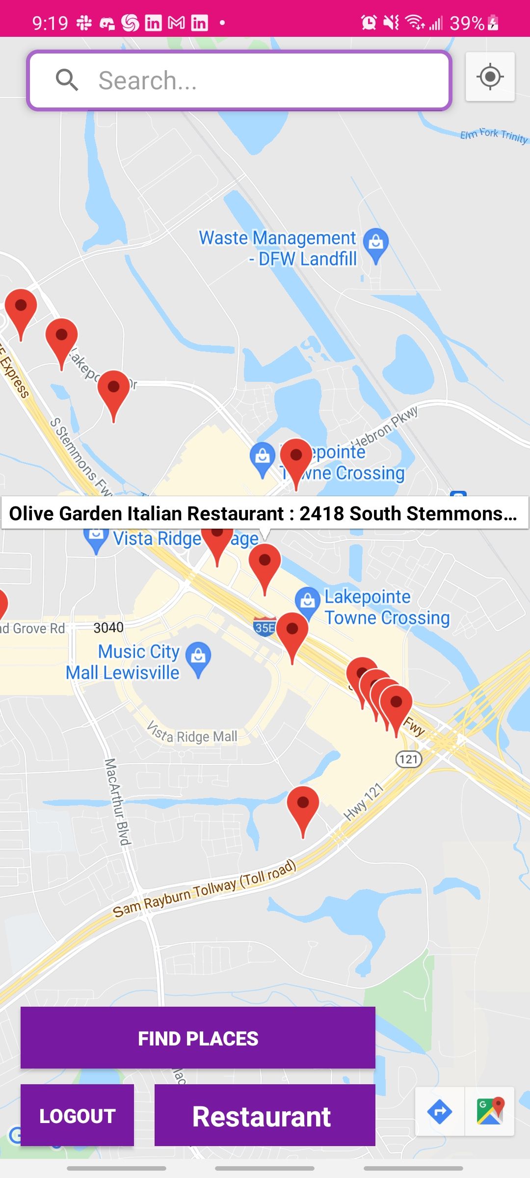 midpoint meetup app showing a bunch of different restaurant options