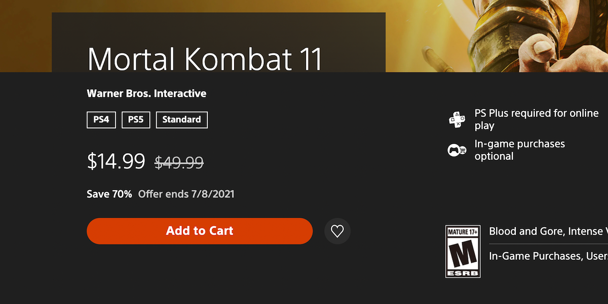 Mortal Kombat 11 on sale on the US version of the PS Store