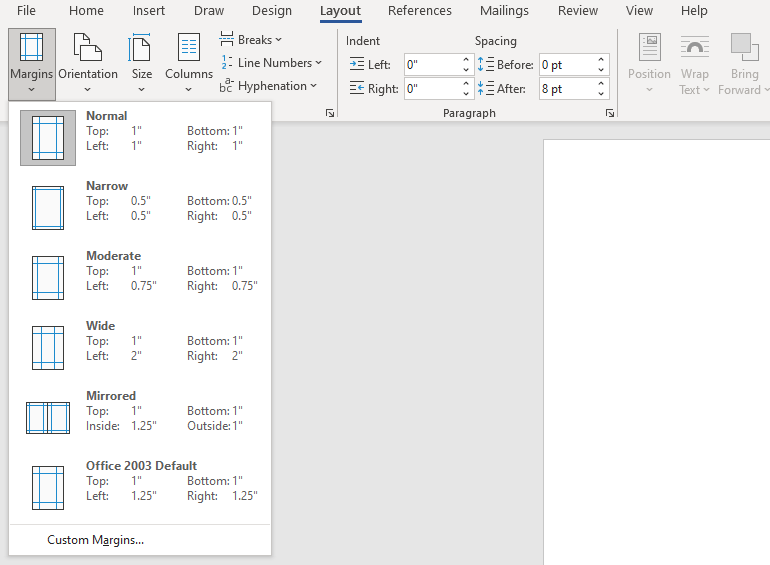 Microsoft Word margin formatting options
