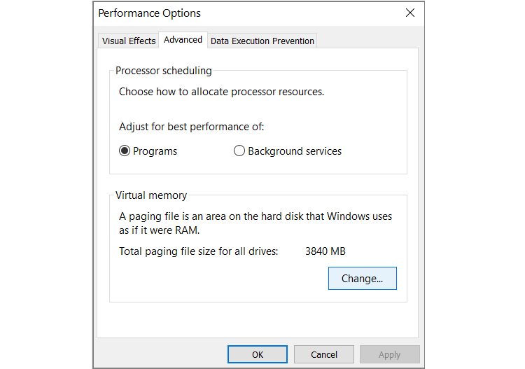 Change virtual memory in Windows 10