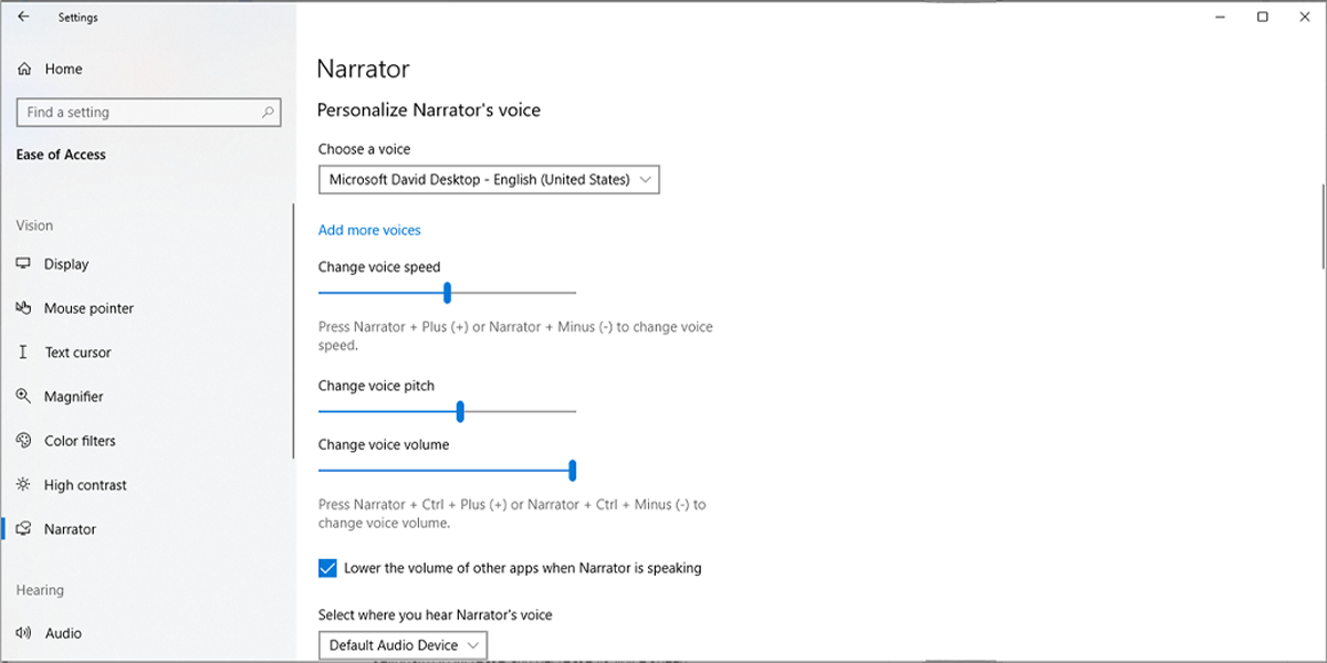 Narrator Settings in Windows 10