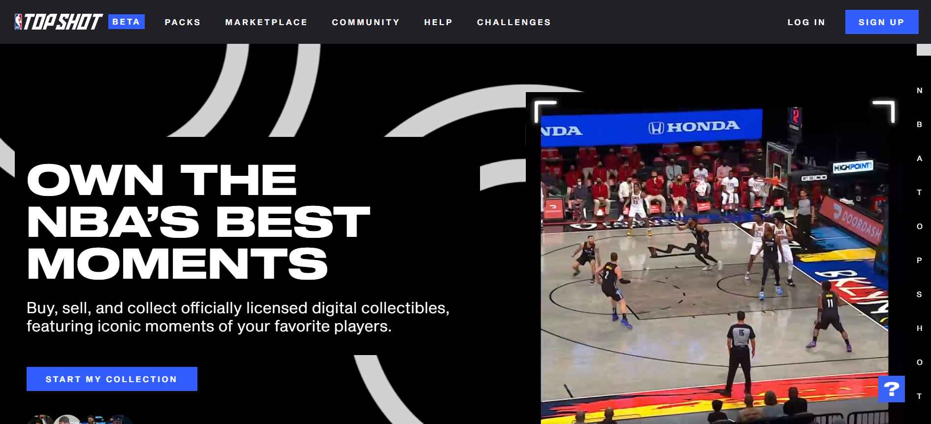 Screen capture of NBA Top Shot's NFT marketplace homepage