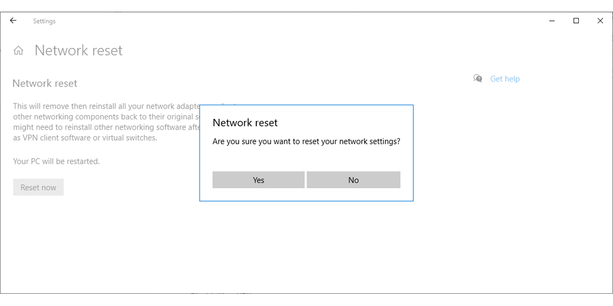 Network reset in Windows 10