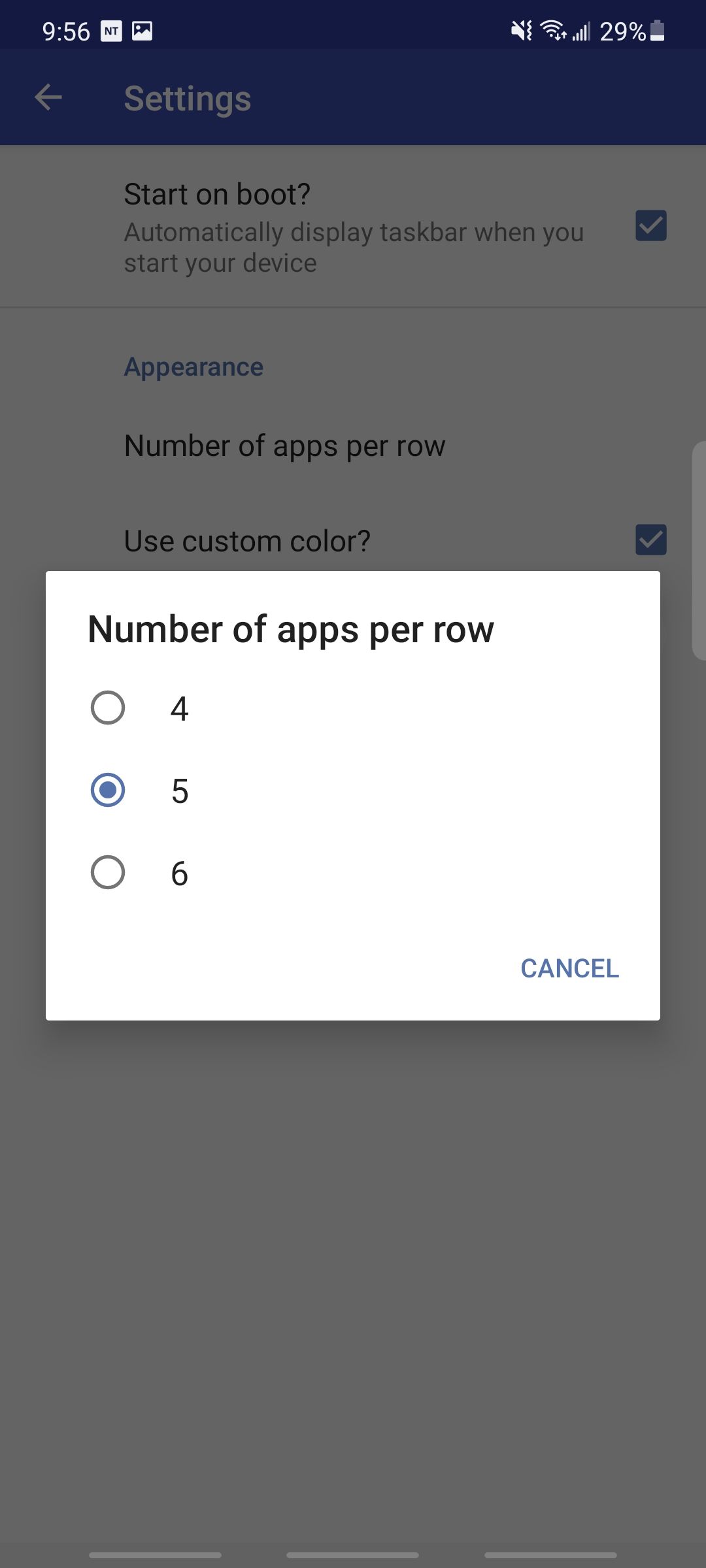 notification taskbar setting the number of apps per row