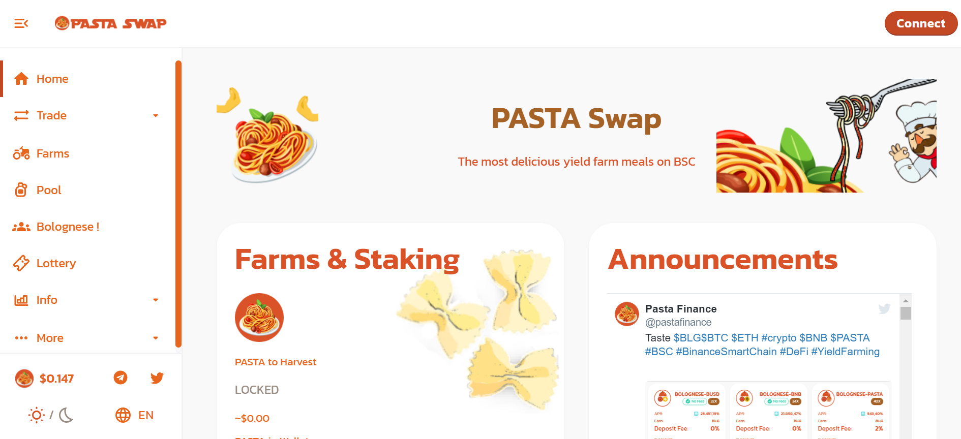 Screen capture of Pasta Finance homepage