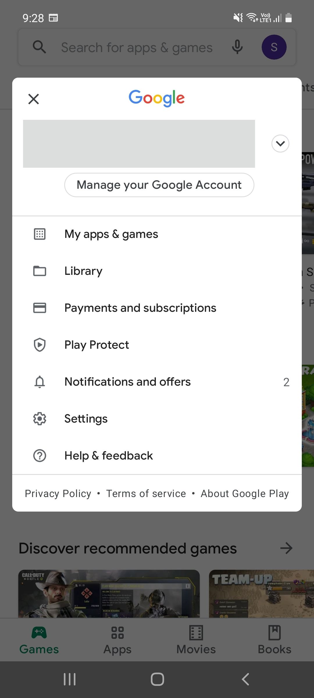 google play store profile menu