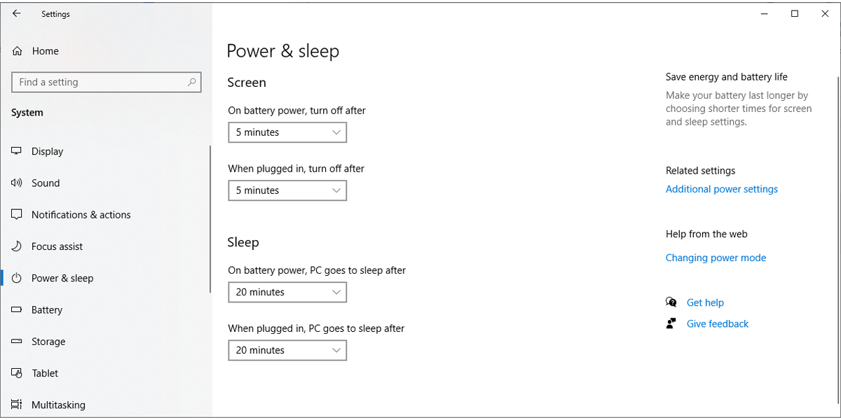 Power & sleep settings in Windows 10