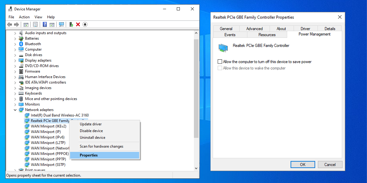 Ethernet driver power management settings in Windows 10