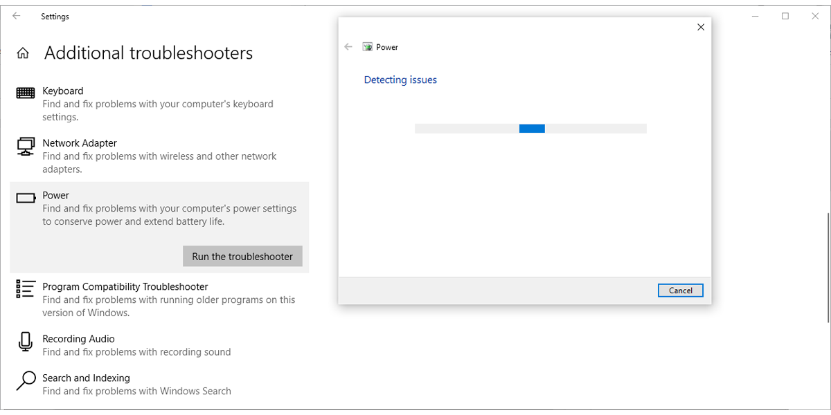 Power troubleshooter in Windows 10